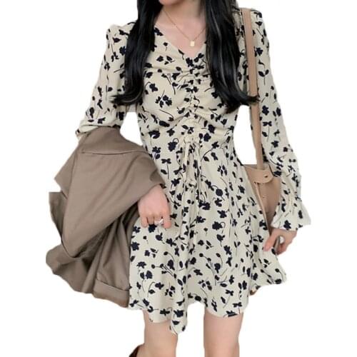 Fashion Pleated V-neck Waist Slim Floral Dress Womens Spring Autumn Retro Style Long-sleeved Mini Dress 100A