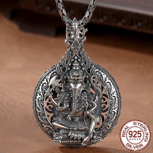 100% 925 Silver Thailand Ganesh Pendant Neckalce Sterling Wealth God Pendant Necklace Good Luck Wealth Buddha Amulet Jewelry