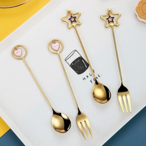 304 Stainless Steel Coffee Spoon Fruit Ice Cream Tea Spoon Dessert Fork With Star Creative Heart Pendant Tableware Dinnerware
