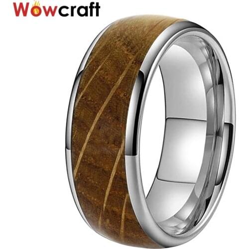 8MM Wowcraft Jewelry Tungsten Wedding Rings for Men Women Whiskey Barrel Wood Inlay Domed Shape Free Name Record Service