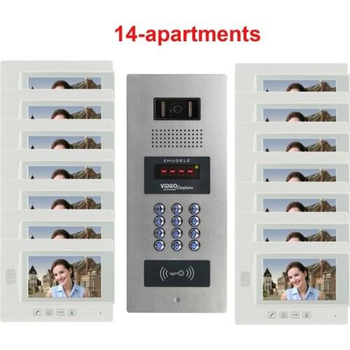ZHUDELE Building Home Intercom System 7" TFT monitor Security Intercom Video Door Phone 14 Units Apartments Available