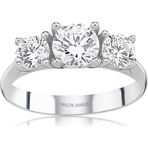 Valori Jewels 1.32 Carat, Zirconia White Round Gemstone, Rhodium Plated, Three Stone Ring