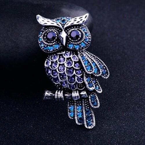 Ancient Owl Korean Zinc Alloy Trendy Imitation Rhinestone Blue Brooch Badge Womens Mens Valentines Gifts Jewelry Accessories