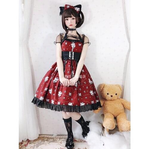 Gothic vintage sweet lolita halter dress falbala bowknot printing high waist victorian dress kawaii girl gothic lolita jsk loli