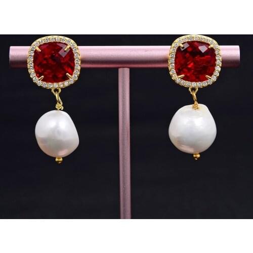 GuaiGuai Jewelry Natural White Baroque Keshi Pearl Red Crystal CZ Pave Earrings For Women