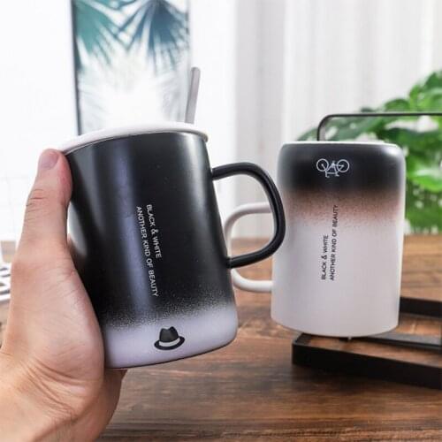 Ceramic mug frosted black white gradient color with lid with spoon Mug office couple Coffee Tea Milk Cups Drinkware Novelty Gift
