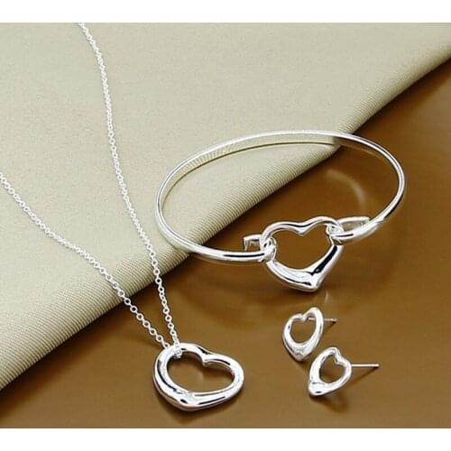 925 Sterling Silver Jewelry Set Fashion Simple Heart Love Stud Earring/Necklace/Bangle for Women Girl Birthday Wholesale