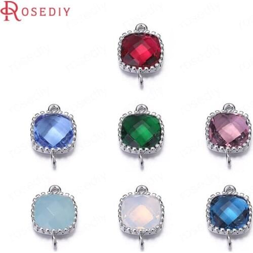 F031)4 pieces 9x14mm Hole 1mm Brass Square Colourful Glass Beads 2 holes Connect Charms Diy Jewelry Findings Accessories