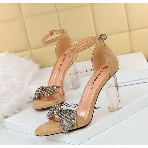 BIGTREE Summer Women Shoes Flock Slippers Party Crystal with Thick Heel Butterfly-Knot Novelty Shallow Ankle-Wrap Buckle Strap