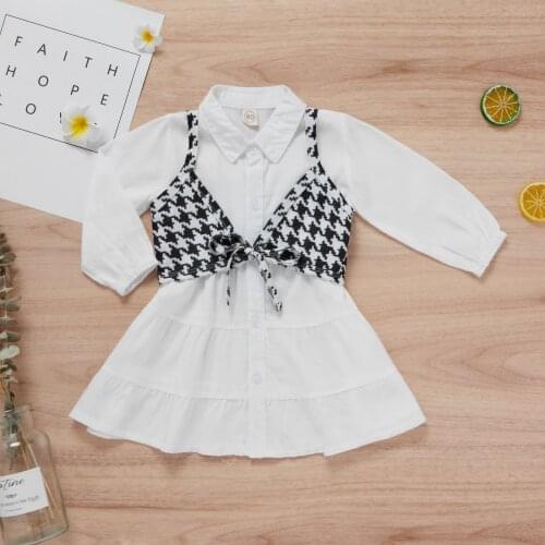 2Pcs Toddler Baby Girls Summer Fashion Outfit Solid Lantern Sleeves Shirt Dress + Plaid Braces Waistcoat Children Infant Clothes
