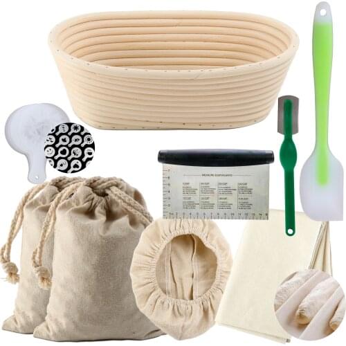 Bread Proofing Basket Kit Bread Mold Rattan Oval Bannetons Basket Baking Mold Tool w/ Silicone Spatula Dough Scraper Bread Lame
