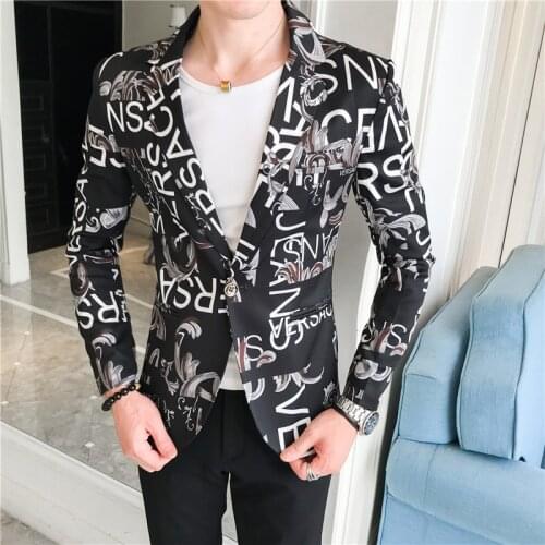 2021 Autumn Letter Print Blazer Masculino Casual Wedding Business Blazer Slim Street Wear Social Suit Jacket Tops Homme Costume