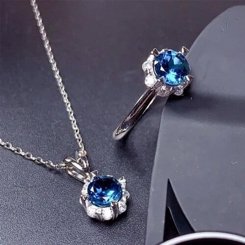 Luxury Sapphire Jewelry Sets Adjustable Ring Chains With Pendant Dainty Necklace For Women Wedding Engagement Evening Dress Gift