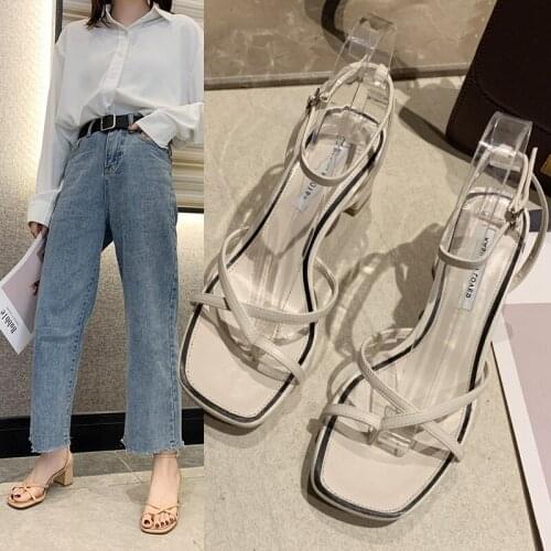 Womens shoes summer new fashion all-match solid color square toe high-heeled sandals simple word with Roman shoes