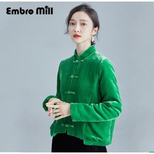 Stylish Tune Silk Velvet Chinese Style Single-Breasted Cotton Jacket + Pocket Womens Short Tang Suit M-3XL