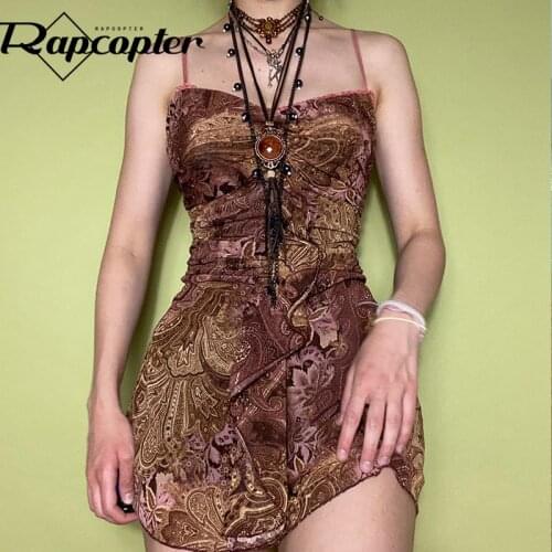 Rapcopter Grunge Fairycore Mini Dress y2k Vintage Spaghetti Strap Ruffles Short Dress Lace Boho Party Holiday Sundress Women New