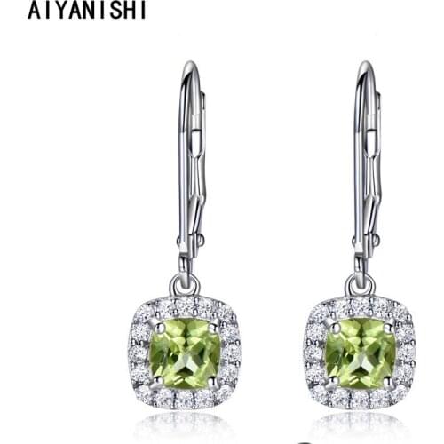 AIYANISHI 925 Sterling Silver Earrings Halo Cushion Natural Peridot Drop Hook Earrings For Women Elegant Valentines Day Gifts