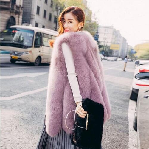 Winter Faux Fur Vest Women 2019 Fashion Faux Sliver Fox Medium Long Artifical Fox Fur Vests Office Lady Fur Jacket Winter Coat