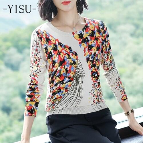 YISU Women Pullover Autumn Winter Printed sweater Long sleeve O neck Loose Knitted Jumper Floral pattern printed sweater Women