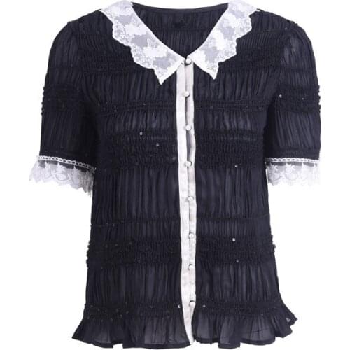 2021 Summer New Pleated Lapel Black Chiffon Top Stitching Lace Pearl Button Retro French Style Slim Tops For Women y1082