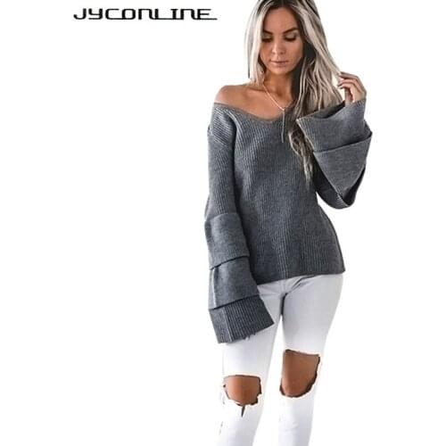 JYConline Flare Sleeve Knitted Sweater Pullover Female Casual V Neck Women Sweater Jumper Off Shoulder Sweater Women Knitwear