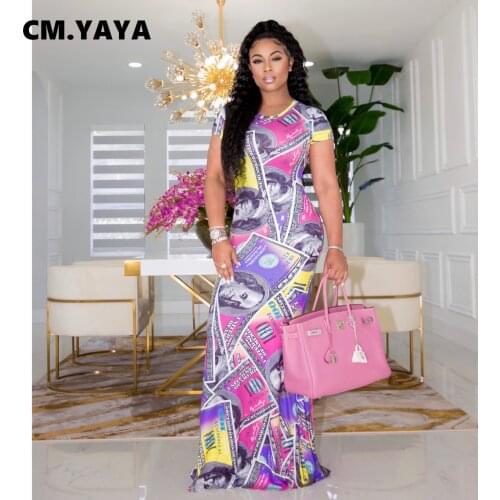 CM.YAYA Women Long Dress Print Short Sleeve Stretchy Skinny Bodycon Long Maxi Dresses Fashion Casual Vestidos Summer Outfits