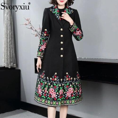 Svoryxiu 2021Designer Autumn Winter Vintage Black Flower Embroidery Overcoat Outwear Womens Single-Breasted Long Coat XXL
