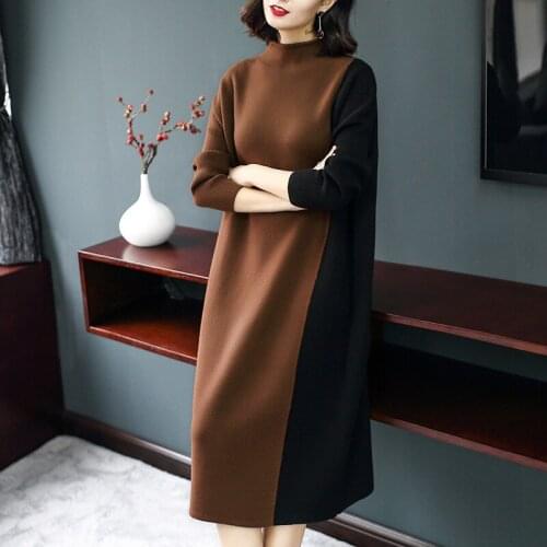 Vintage Elegant Women Knitted Long Dress Mid Calf Office Work Turleneck Dresses Colors Mixed Loose Fit Casual Pullover Vestidos
