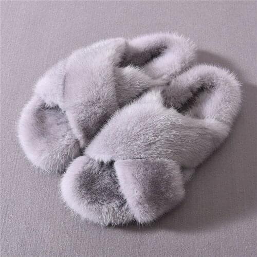 100% Real Mink Fur Slippers Women Sandals Cute Fur Slides Shoes 2021 European Flat Heel Fashion Luxury Slippers