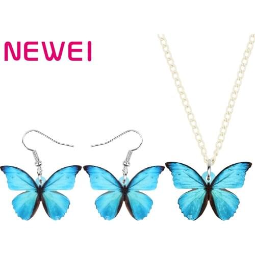 Newei Acrylic Blue Morpho Butterfly Jewelry Sets Necklace Earrings Insect Animal Jewelry For Women Girl Kid Novelty Spring Gift