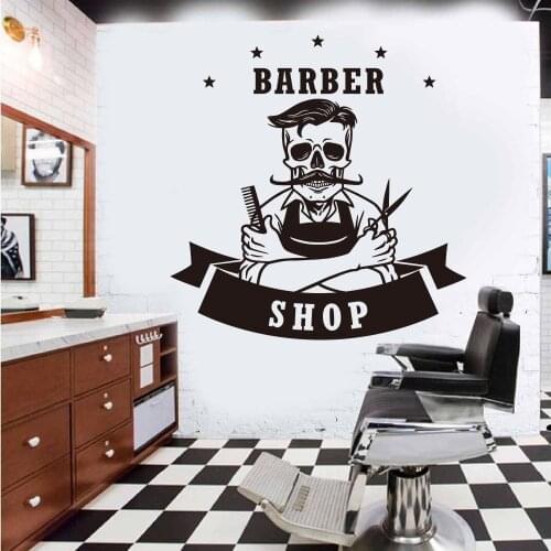 Large Hairdresser Skeleton Barber Shop Wall Sticker Barber Barbershop Hair Skull Wall Decal Vinyl Home Decor