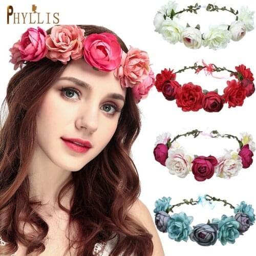 PHYLLIS A65 Popular Big Bridal Flower Crown Headpieces Bridesmaid Hair Flower Headbands Artificial Rose Flower Beach Headwear