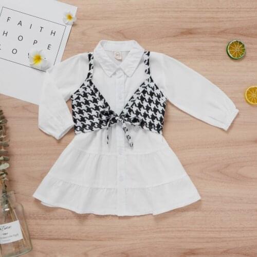 Kids Long Sleeve Dresses Autumn Shirt Ruffles Princess Dress +Knitted Plaid Braces Waistcoat Vest Children Casual Outfits