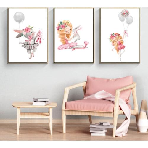 Cute Rabbit and Girl Dancing Canvas Painting Print Cartoon Posters for Kids Room Bedroom Home Wall Decorative Art Pictures Gifts