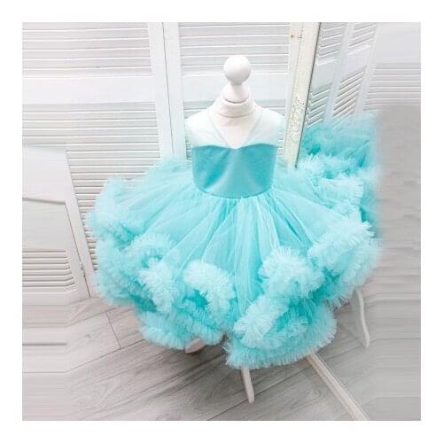 Cute Extra Puffy Light Sky Blue Kids Tulle Dresses Ruffles Ball Gown V Neck Sleeveless Birthday Party Photo Shoot Gown