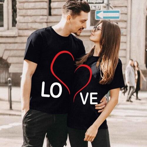 Minimalism Basis Solid Color Half-Heart shaped Printed Tee Mens Valentines Day Short Sleeve Couple Lover T-Shirt Couples Outfit