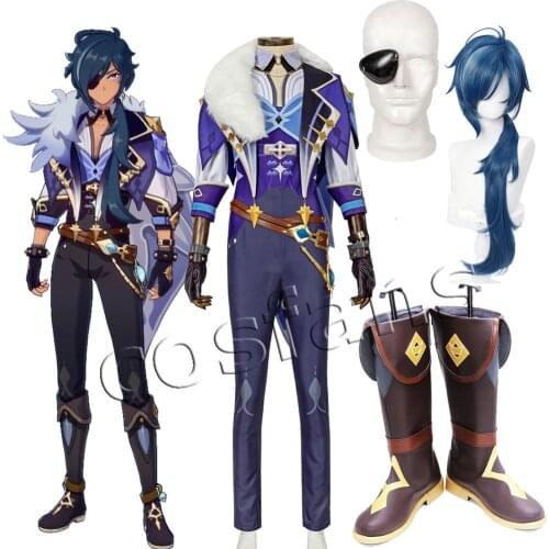 Game Genshin Impact Kaeya Cosplay Costume Halloween Party Performance Outfit Men Suit Kaeya Cosplay 80cm Long Ink-Blue Wig Shoes