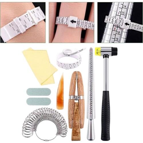12Pcs Essential Jewelry Making Tool Measuring Stick Mandrel Ring Sizer Adjuster Rubber Hammer Set