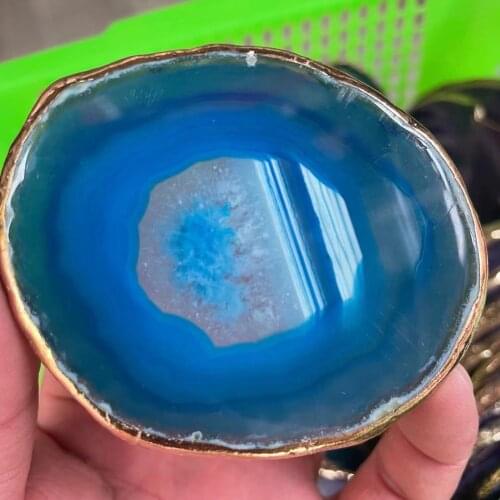 Natural agate wafer insulated coasters crystal blue plate jade agate coasters with gold-plated lace mineral decor