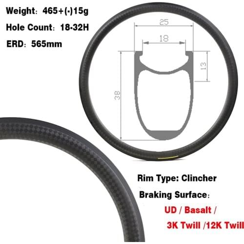 Road V Brake / Disc Brake Carbon Rim Clincher 700C ERD 565MM Road Bike Rim Depth 38mm Width 25mm Bicycle Rim Matte / Glossy Rim