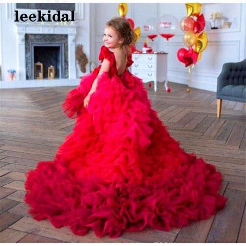 Red Cute Flower Girl Dresses Little Girls Infant Baby Birthday Party Gowns with Long Train Pageant Dress 2-16Year