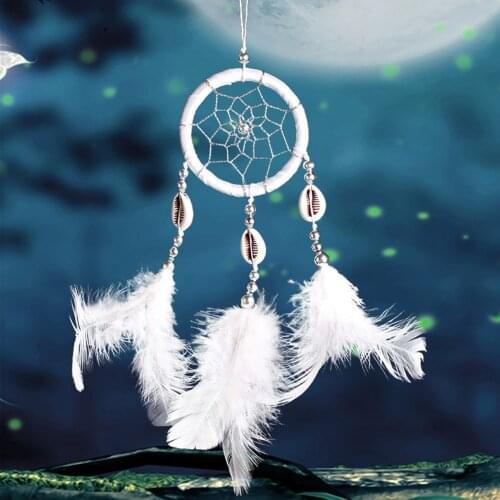 Shell Teeth Feather Crafts Handmade Dream Catcher Net with Bead for Wall Home Decoration Car Hanging Ornament