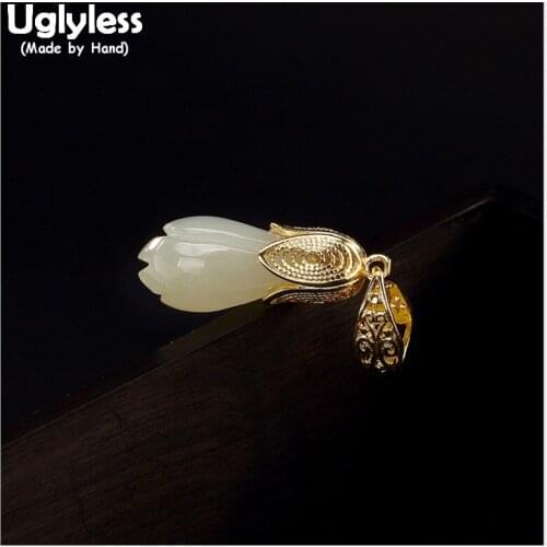Uglyless 100% Real 925 Sterling Silver Natural Jade Magnolia Pendants for Women Luxury Gold Plated Flower Necklaces NO Chains