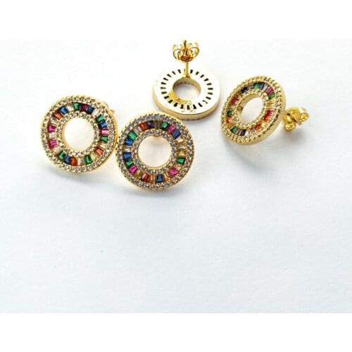 5 Pairs Gold color pave rainbow cz cubic zirconia earrings circle shape geometric stud earrings For Women Girls Jewelry ER938