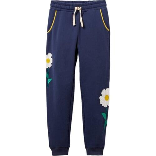 New Arrival 2021 Autumn Winter Flowers Embroidery Girls Sweatpants Drawstring Childrens Full Length Trouser Pant
