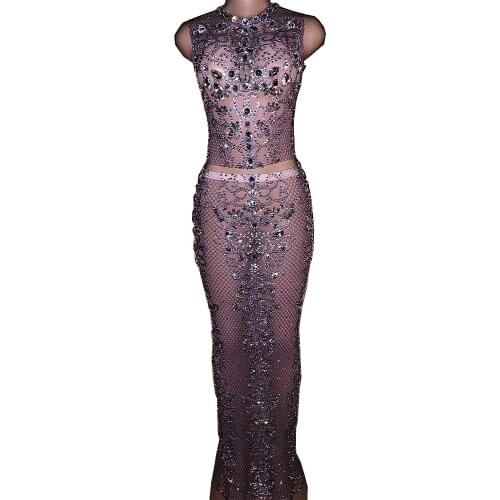 Shining Inlaid Diamond Sleeveless Top Tight Stretch Split Long Skirt Mesh Perspective Two-Piece Set Nightclub Stage Wear Costume