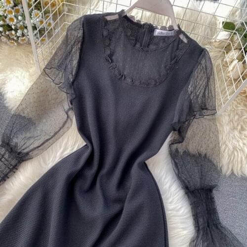 Evening Party Black Women Party Dress Knitted Mesh Flare Sleeve Banquet Vestidos 2020 Ins Hot Patchwork Dresses