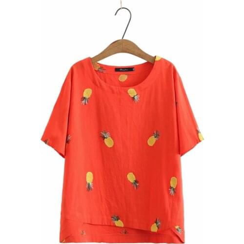 Plus size O neck Cotton pineapple embroidery women tshirts 2021 new summer ladies t shirts female tops white Orange t-shirts