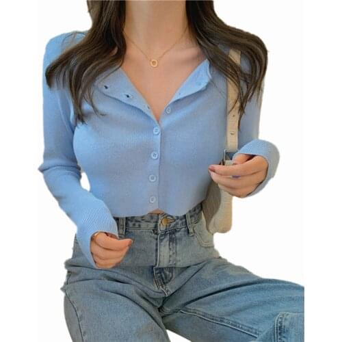 Womens Fashion Solid Color Long Sleeve Slim Casual Plain Button Down Cropped T-shirt Spring Summer Hot Tops 2020 Hot Sale