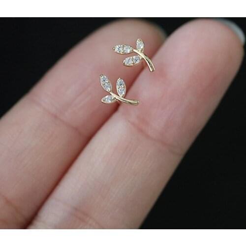925 Sterling Silver French Simple Pavé Crystal Leaf Tree Life Stud Earrings Women Classic Plating 14k Gold Jewelry Gift